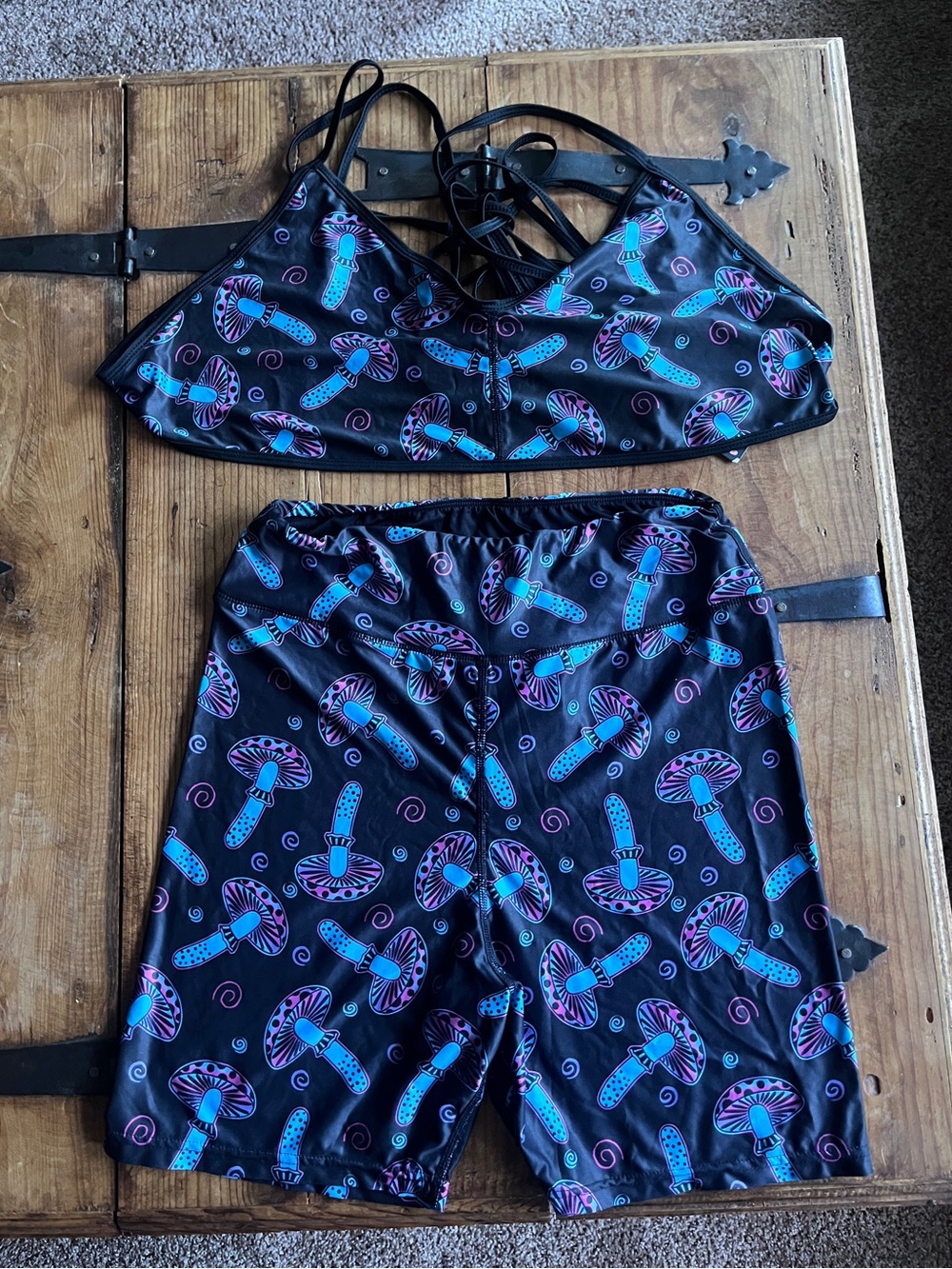 Too Fast Black Crop Top & Shorts Pajama Set with Blue and Pink Mushroom Print